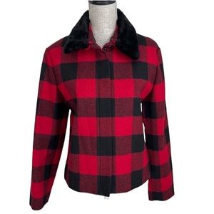 Talbots Italian Wool Buffalo Plaid Check Jacket Removable Faux Fur Collar 14